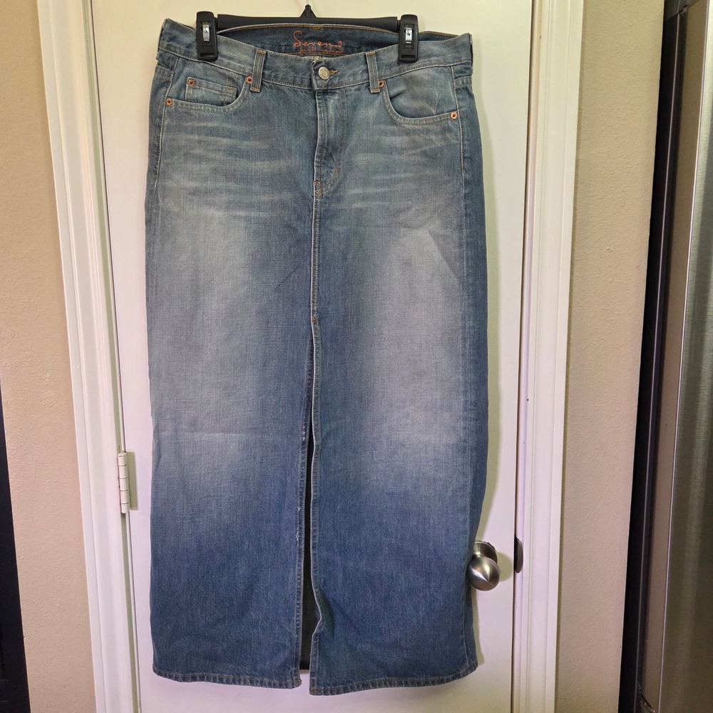 VTG 7 For All Mankind Denim Maxi Skirt Light Wash Slit  USA Made Size 30